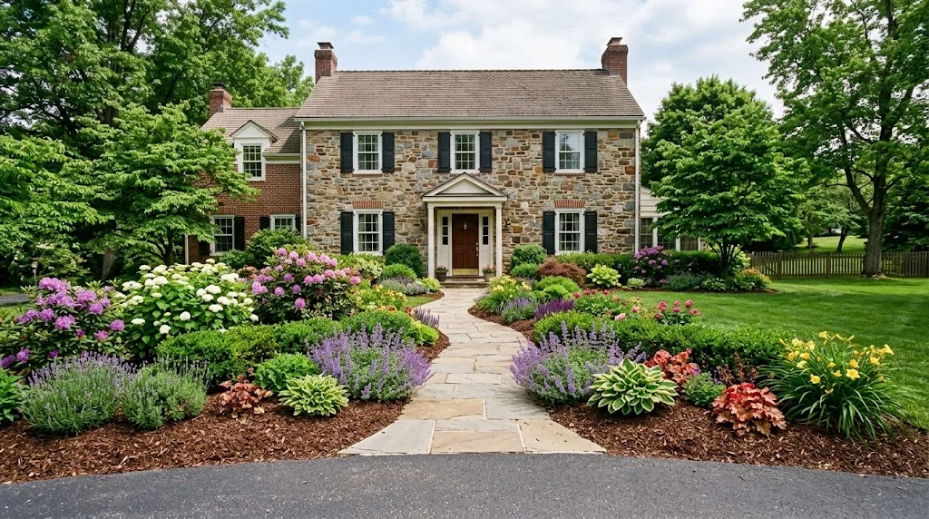 Layered front yard landscaping with stone walkway and planting beds